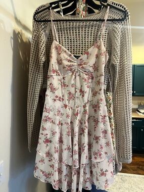 Windsor White Floral Mini Dress with Pink Roses25” long